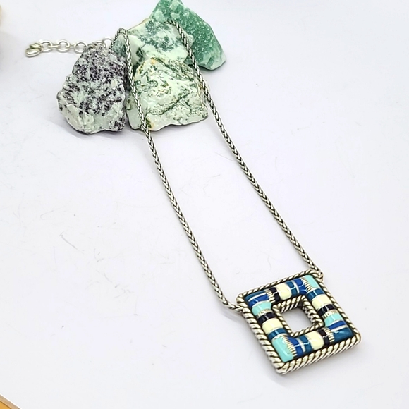 Brighton "CABANA" Shades of Blue Enamel Square Reversible Pendant Necklace $54 - Picture 4 of 9